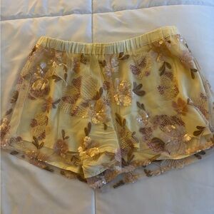 Yellow Sheer Floral Sequin Shorts